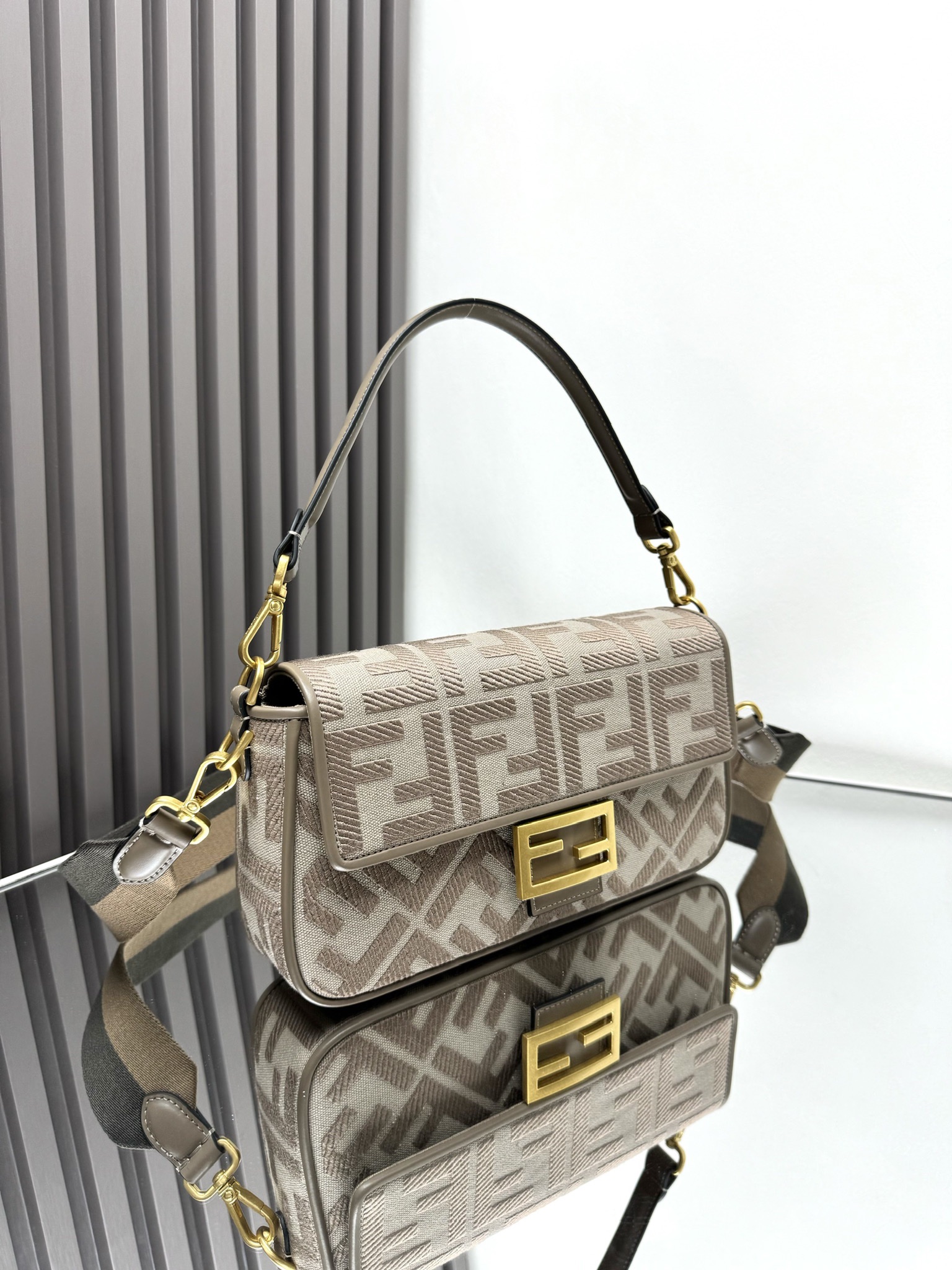 Fendi Medium Baguette FF Canvas Shoulder Bag Grey